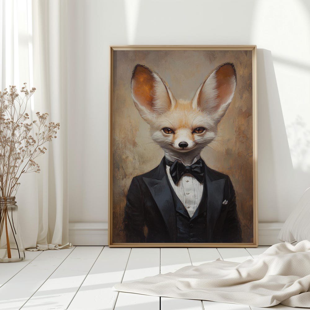Fennec Fox In Tuxedo Wall Art Dapper Animal Portrait Poster Elegant Anthropomorphic Fox In Suit For Quirky Office Or Home Decor Art