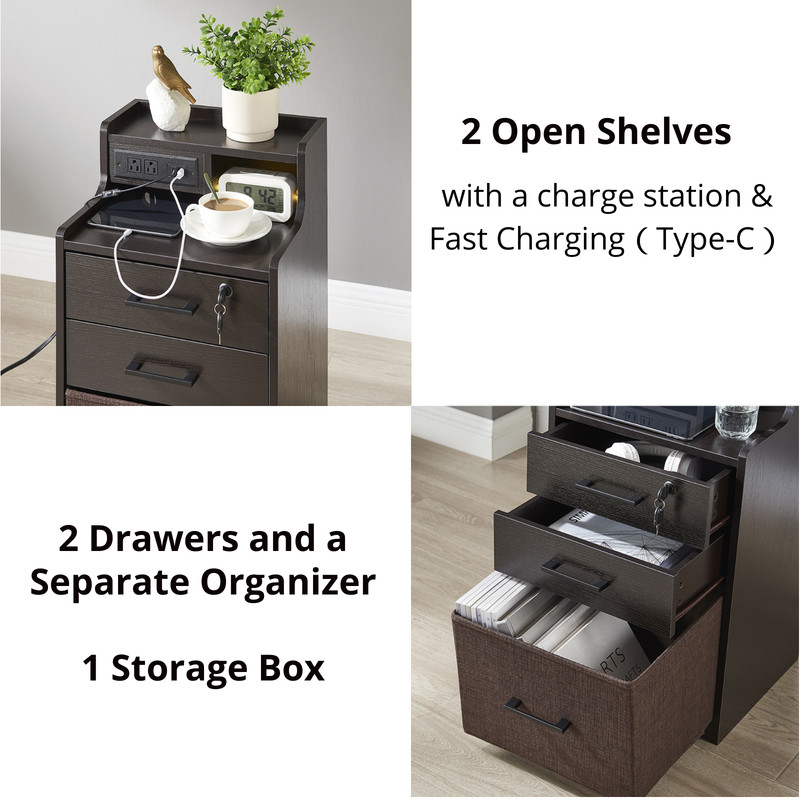 Utopia Alley 2 Drawer LED Nightstand, Night Stand with Fast Charging, 3 USB Ports and 2 Power Outlets, Bedside Table with Open Shelf, 29 inch Nightstand with Lock for Bedroom, Espresso Color