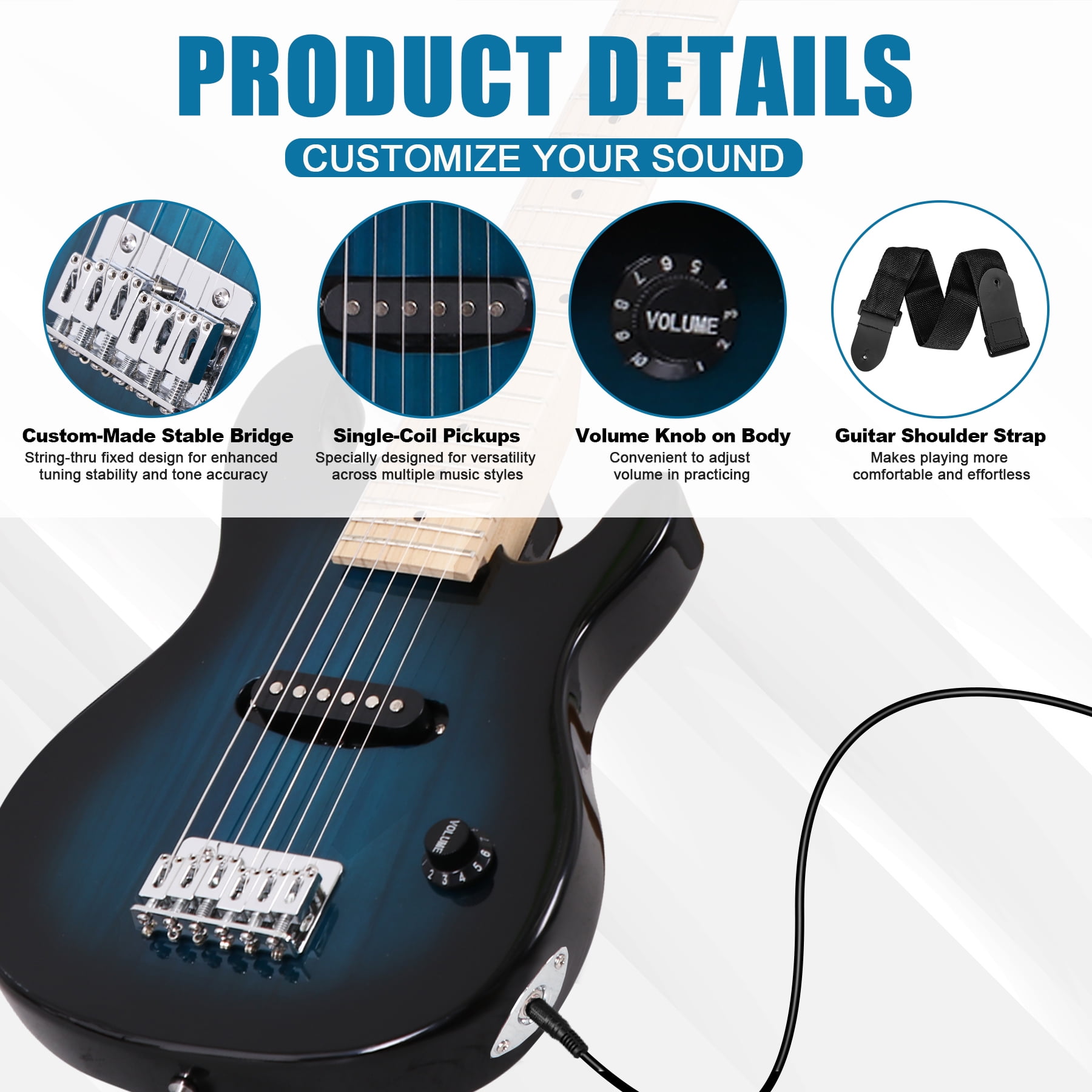 ZenSports 30-inch Kids Electric Beginner Guitar 3/4 Size W/Amp & Accessories Pack, Right-Handed Blue