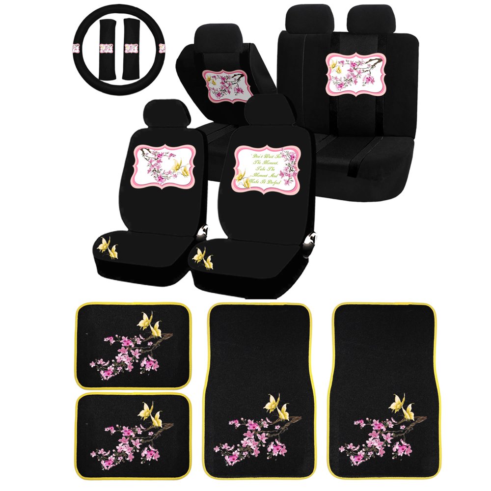 26PC Cherry Blossom Yellow Butterfly Universal Seat Covers & Carpet Floor Mats Set Car Truck SUV