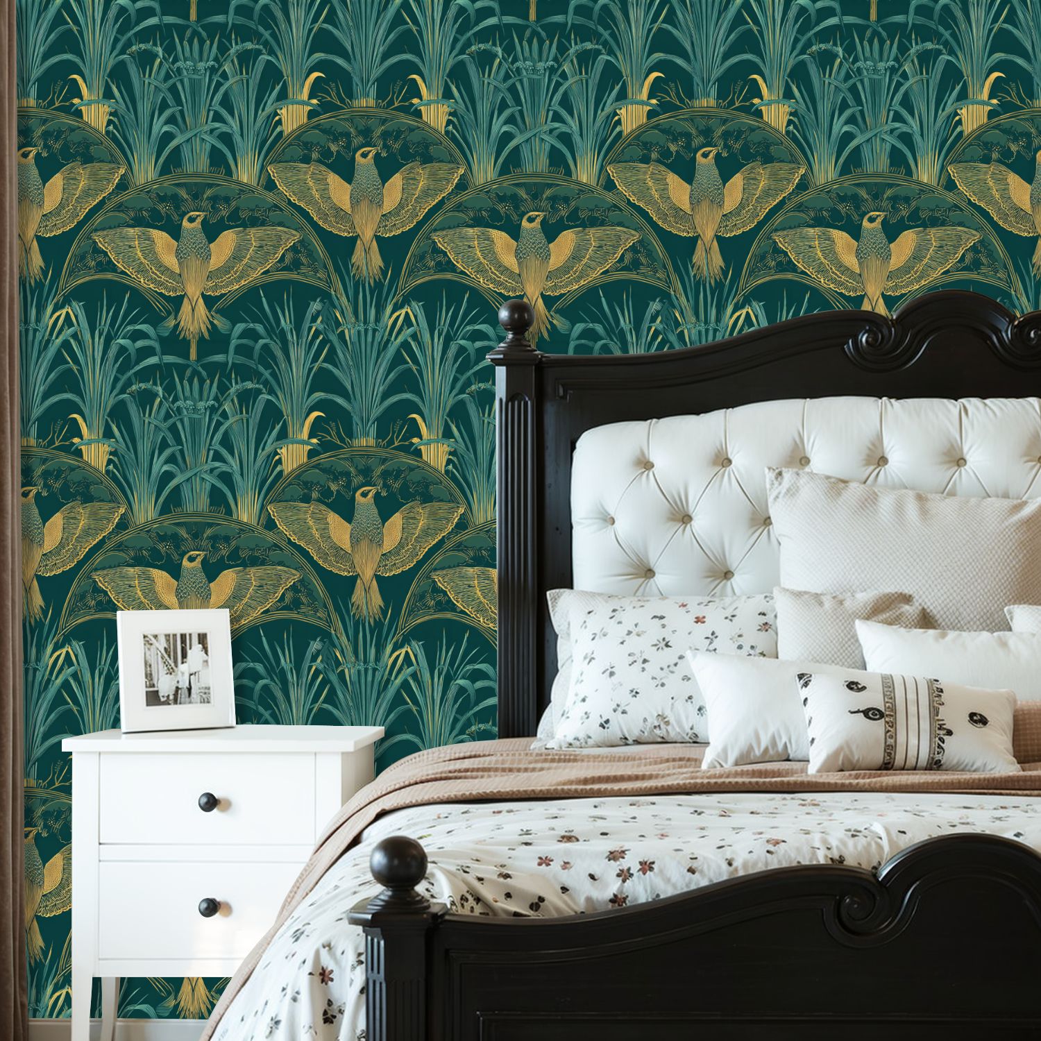 Vintage Peel and Stick Wallpaper Botanical Birds Ornamental Foliage Teal Gold Wall Mural 23.6in x 9.8ft Self Adhesive Removable Wall Paper Renter Friendly Wallpaper for Nursery Bedroom Cabinets