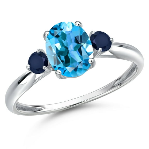 Gem Stone King 10K White Gold Swiss Blue Topaz and Blue Sapphire 3-Stone Ring for Women | 1.80 Cttw | Oval 8X6MM | Gemstone November Birthstone | Size 7