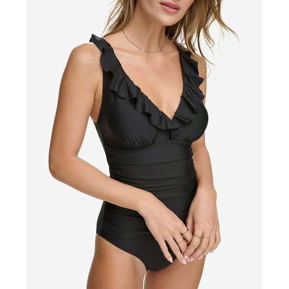 DKNY BLACK Ruffle Plunge Underwire Tummy Control 1-Pc Swimsuit, US 6, NWOT