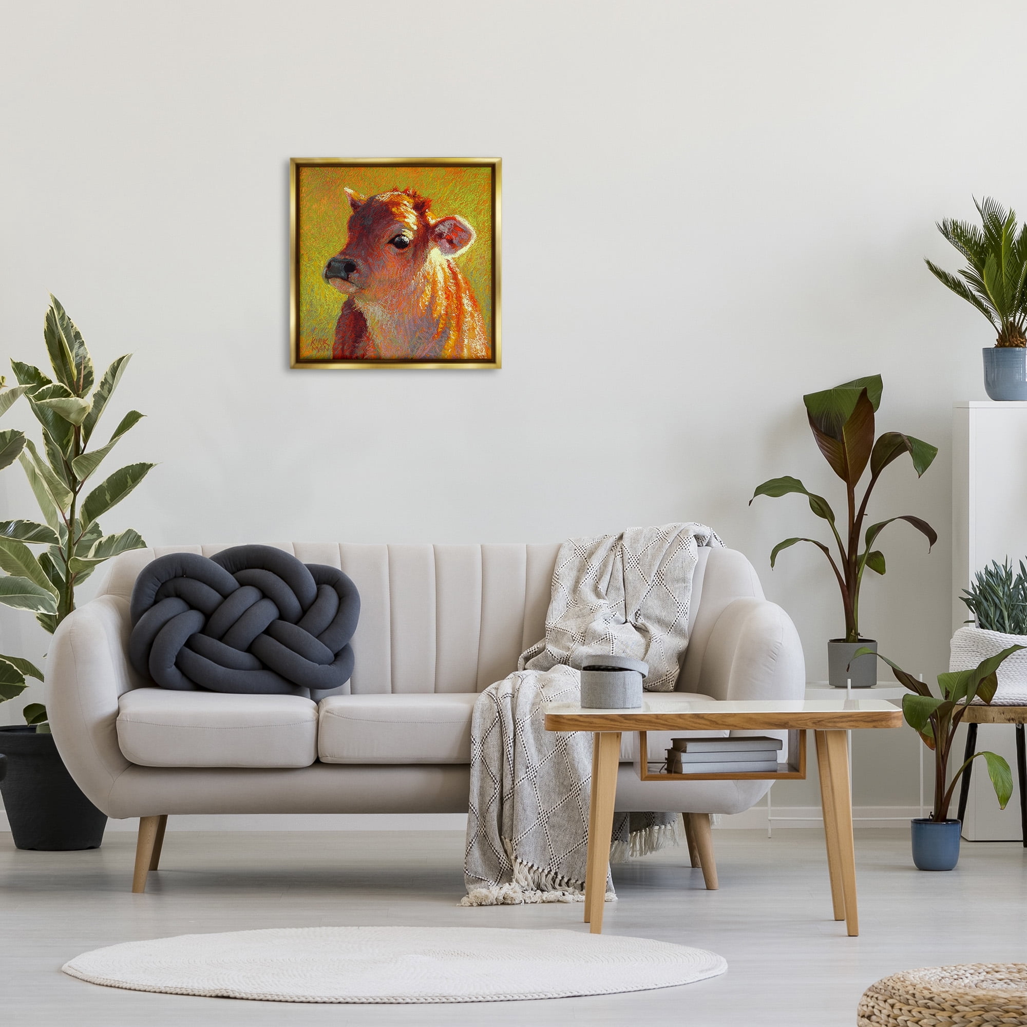 Stupell Industries Sunlit Calf Painting Animals & Insects Painting Gold Floater Framed Canvas Art Print Wall Art, 25 x 25