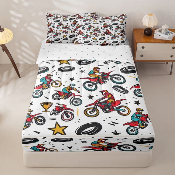 Manfei Sporty Motocross Zipper Twin Comforter Sets with Fitted Sheet and 2 Pillowcases,Cute Stars Zipper Bedding Set,White,Reversible,4pcs