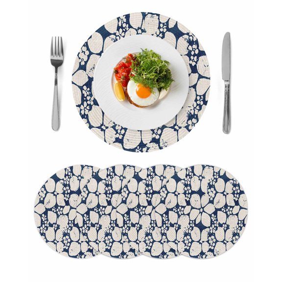 Beige Flower Pattern Round 13 Inch Placemats Set of 4, Retro Country Tie-dye Floral Abstract Blue HeatResistant Non Slip Place Mats for Dining Table, Wipeable Kitchen Table Mats for Housewarming