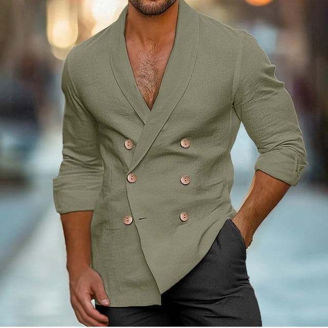 Blusa y camisa de manga larga con cuello vuelto para hombre, color liso, de otoño, de poliéster, con botones y manga larga