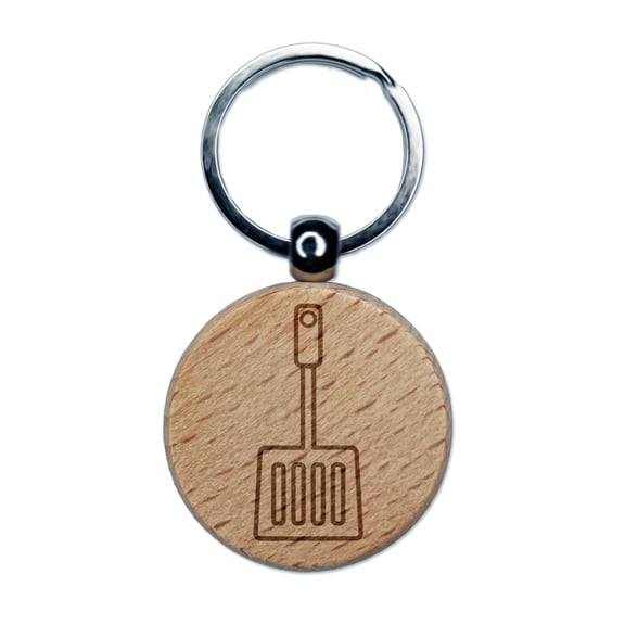 Spatula Cooking BBQ Round Keychain Charm Tag - Engraved Wood
