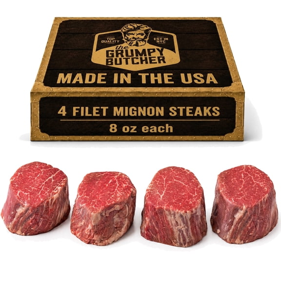 Grumpy Butcher Large Filet Mignon Steak, Choice Angus Beef, 4 Pack, 8 oz each