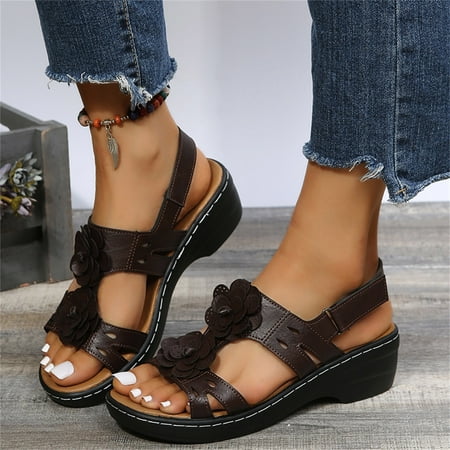 

〖Yilirongyumm〗 Coffee 40 Sandals Women Ladies Summer Fashion Multicolor Flower Round Toe Hook&Loop Platform Sandals