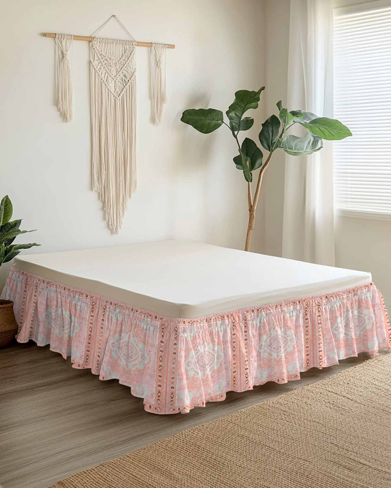 Pink Boho Wrap Around Bed Skirts for Queen Bed 16" Drop,Bed Skirt with Adjustable Elastic Belt Dust Ruffle Bed Valance for Bedroom Hotel Vintage Abstract Tribal Decorative Oriental Bed Frame Cover