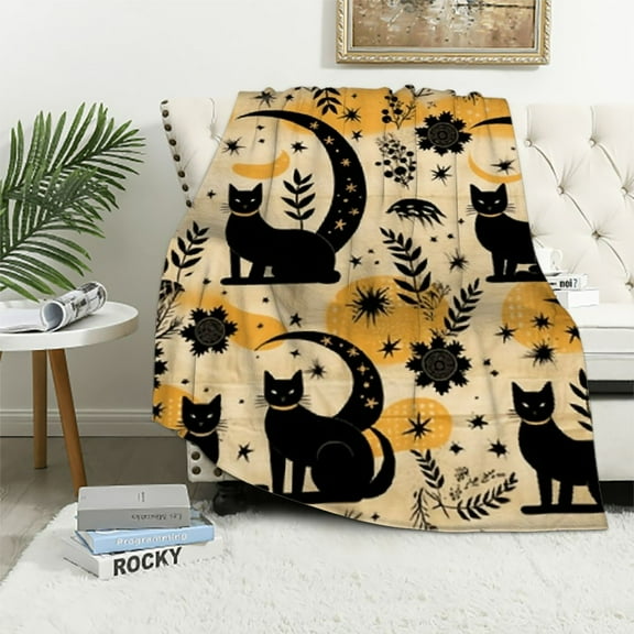 COMIO Cat Blanket Black Cat Throw Blanket Ultra Soft Flannel Moon Cats Cat Lovers Blanket Gifts for Women Kids Adults