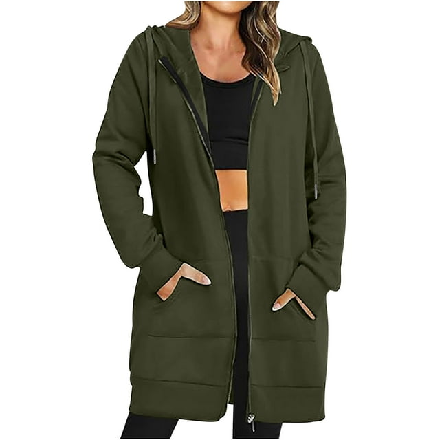cfhntfmh Oversized Sweatshirt for Women Long Sleeve Zip up Drawstring Hoodies Soft Solid Color Winter Jackets with Pockets
