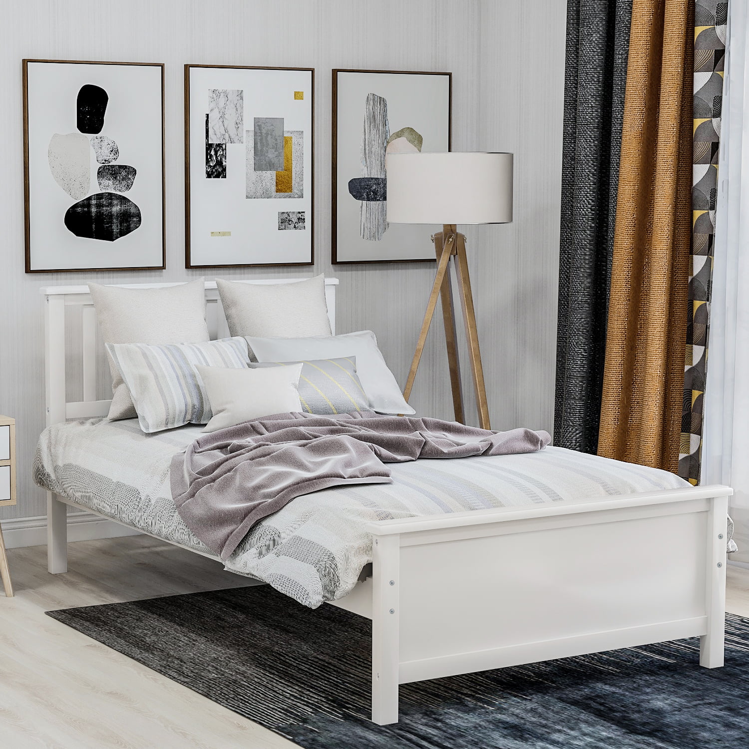 Twin Bed Frame, White Twin Platform Bed Frame with Headboard and