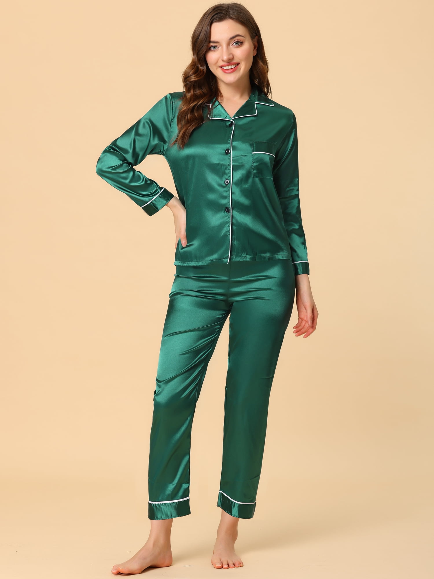 Unique Bargains Women's Satin 2pc Loungewear Button Down Silky Pajama Sleepwear Sets