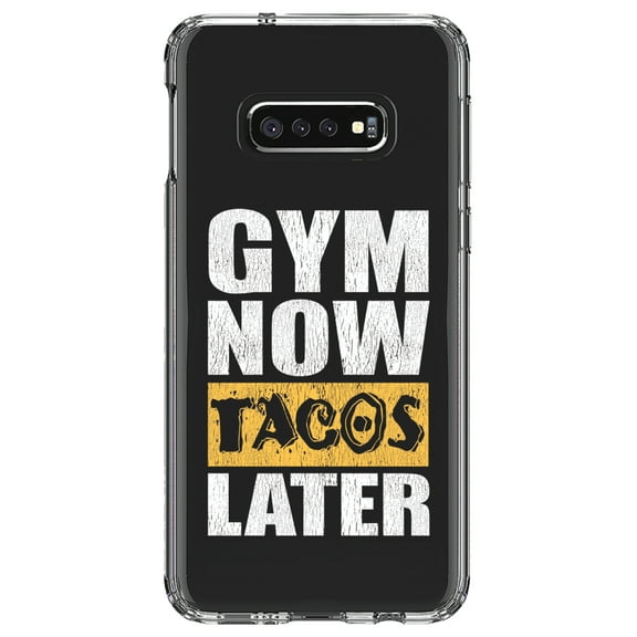 DistinctInk Clear Shockproof Hybrid Case for Samsung Galaxy S10e (5.8" Screen) - TPU Bumper Acrylic Back Tempered Glass Screen Protector - Gym Now Tacos Later