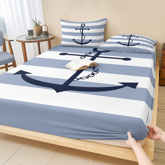 Twin Sze Fitted Sheet Set - Blue White Striped 2 Piece Bedding Sets 16" Deep Pocket Fitted Sheet with 1 Pillowcase, Navy Blue Beach Nautical Anchor Ocean Coastal Brushed Microfiber Hotel Bed Sheets