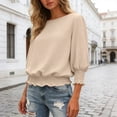 thumbnail image 2 of vigerkar Women Smocked Tops Elastic Cinched Waist Top Dressy Blouse 3/4 Length Sleeve Casual Outfits (Khaki, L), 2 of 7