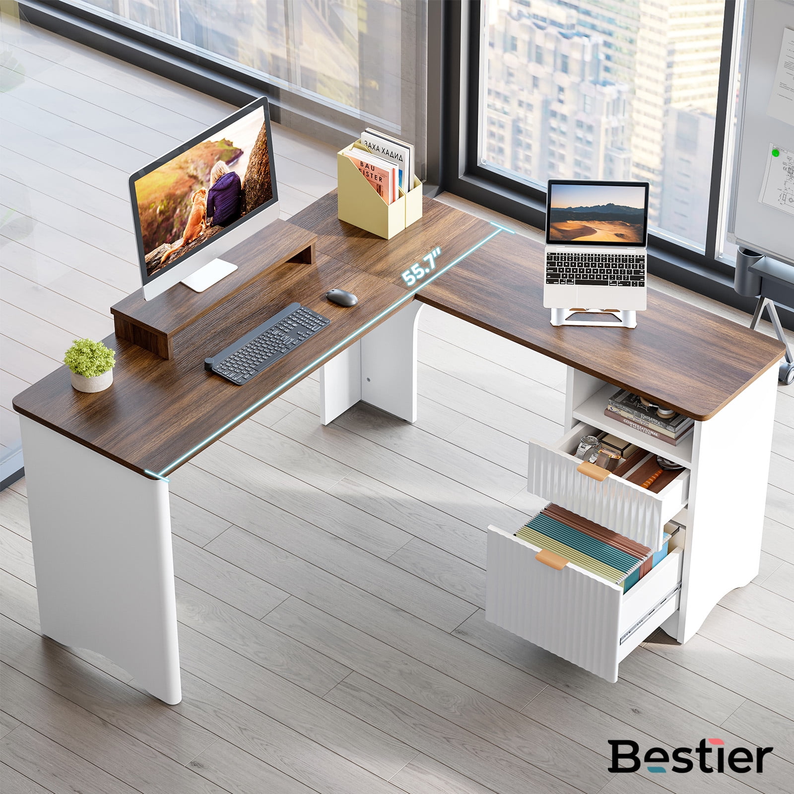 Bestier L Shaped Desk with Drawers, 55.7" x 55" Office Computer Desk with Round Corners, Monitor Stand & Fluted Panels, White & Walnut