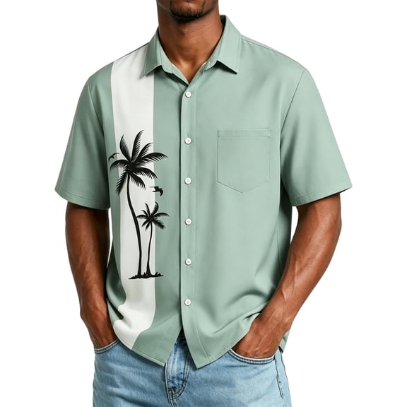 Uwinwear Men's Vintage Bowling Shirt Button Down Hawaiian Short Sleeve Summer Beach Color Blocked Casual Shirts Lightweight Breathable Tops,Mint Green,XL