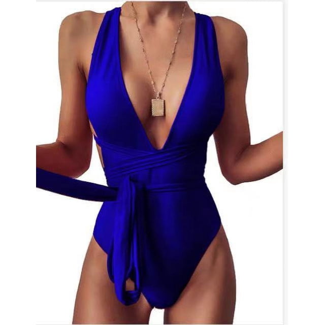Traje de baño de una pieza para mujer, de color sólido, con cordones, sexy, con escote en V profundo y espalda descubierta, traje de baño de una pieza