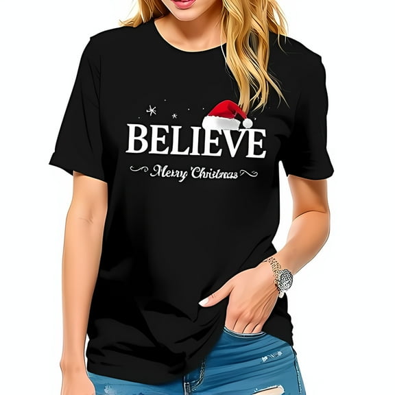 Festive Cotton Short Sleeve T-Shirt - 'BELIEVE' with Santa Hat & 'Merry Christmas' Script - Perfect for Holiday Celebrations