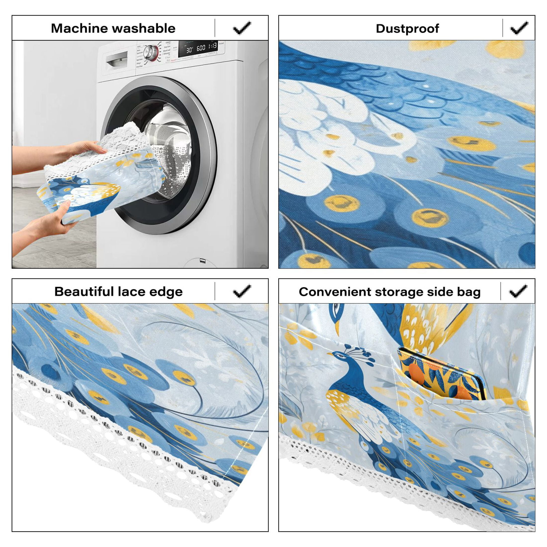 WOBOGO Watercolor Blue Peacock Washing Machine Cloth Dryer Refrigerator Top Cover Protective Non-Slip Mat For Kitchen Laundry