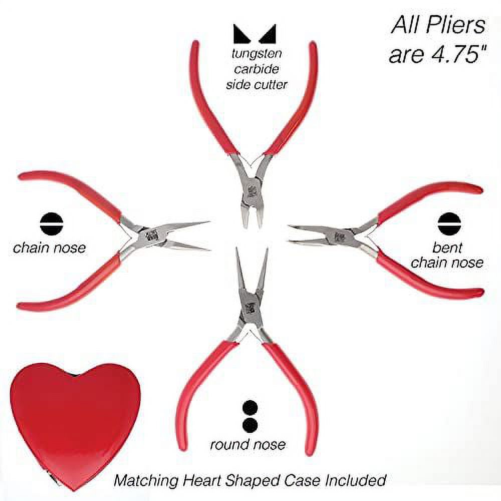 The Beadsmith I Beads Pliers – 4.5 Inches, 4-Piece Set: Round Nose, Chain Nose, Bent Chain Nose and Tungsten Carbide Side Cutter – Heart-Shaped Carrying Case Included – Tools for Jewelry Making…