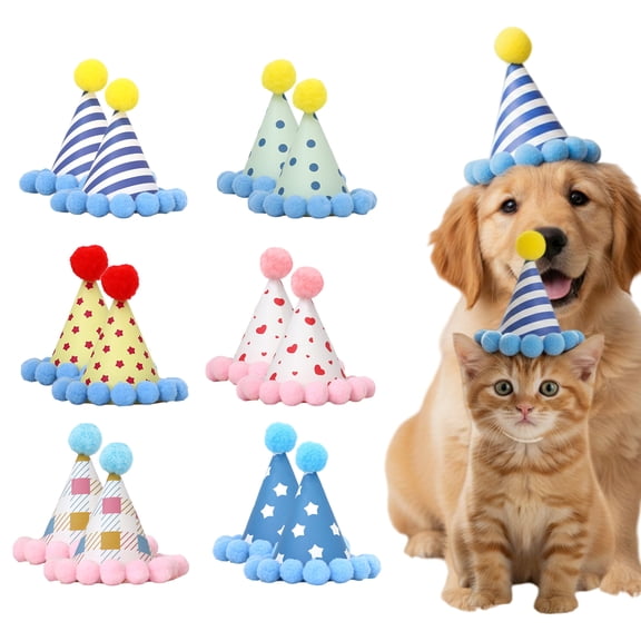 12 Pack Mini Party Hats for Stuffed Animals, Mini Hats with Pom Poms Dog Birthday Party Costume for Dolls Dog Cat Pet Birthday Decoration