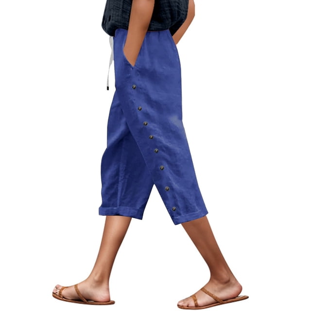 Pantalones capri ligeros de lino liso con cinturón y botones laterales para mujer - Pantalones cortos informales de cintura alta