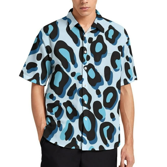 Blue Leopard Print Men's Short Sleeve Button Up Shirts Casual Regular-Fit Beach Summer Tops M-4XL