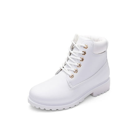 

SIMANLAN Women Classic Biker Ankle Booties Leather Lace Up Vintage Chunky Heel Shoes