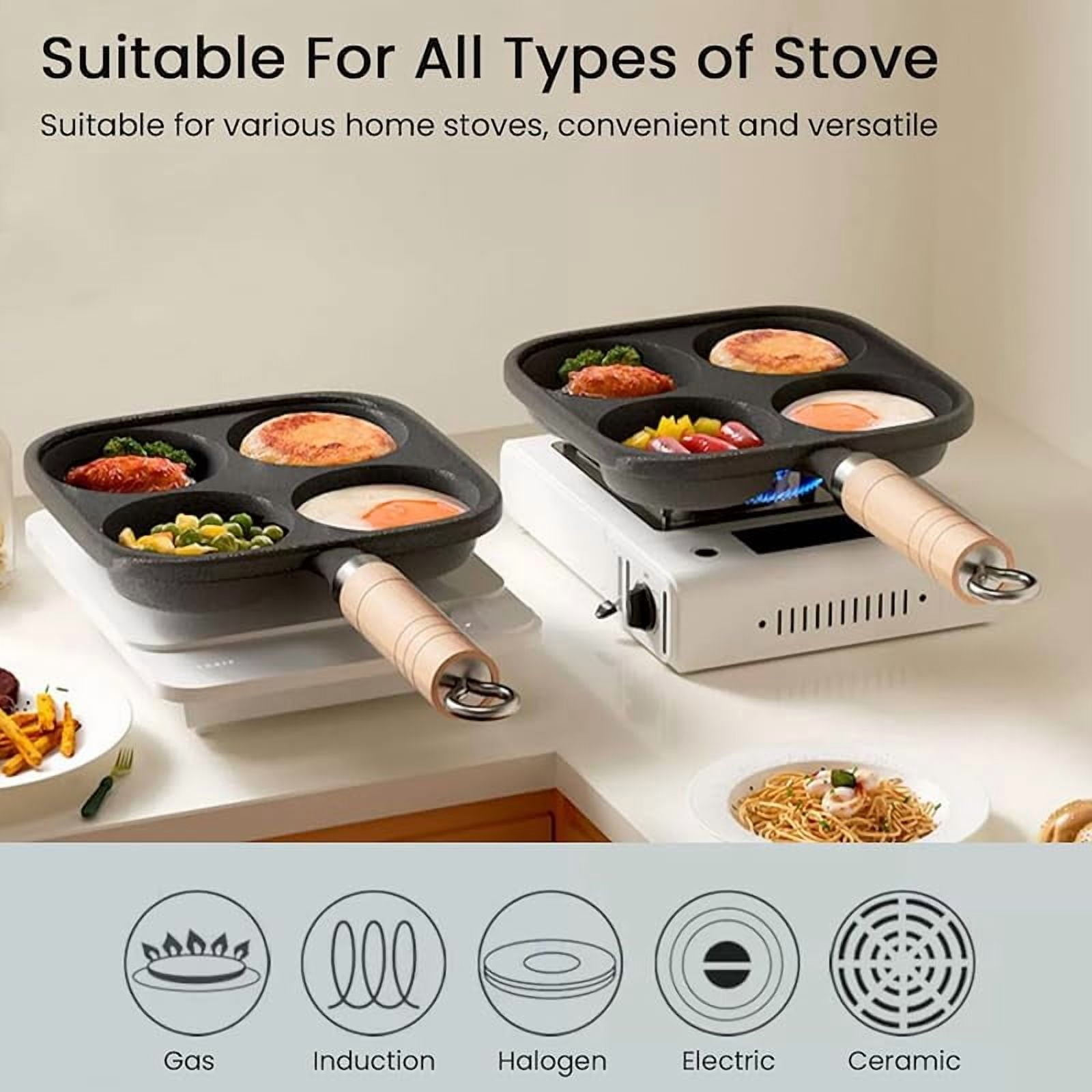 4 Cup Cast Iron Egg Frying Pan,Household Cast Iron Fried Egg Pan with Wooden Handle,Egg Burger Omelette Pot Pancake Pot Cooker Griddle,Breakfast Non-Stick Skillet for Egg,Kitchen Cooking Tool (Black)
