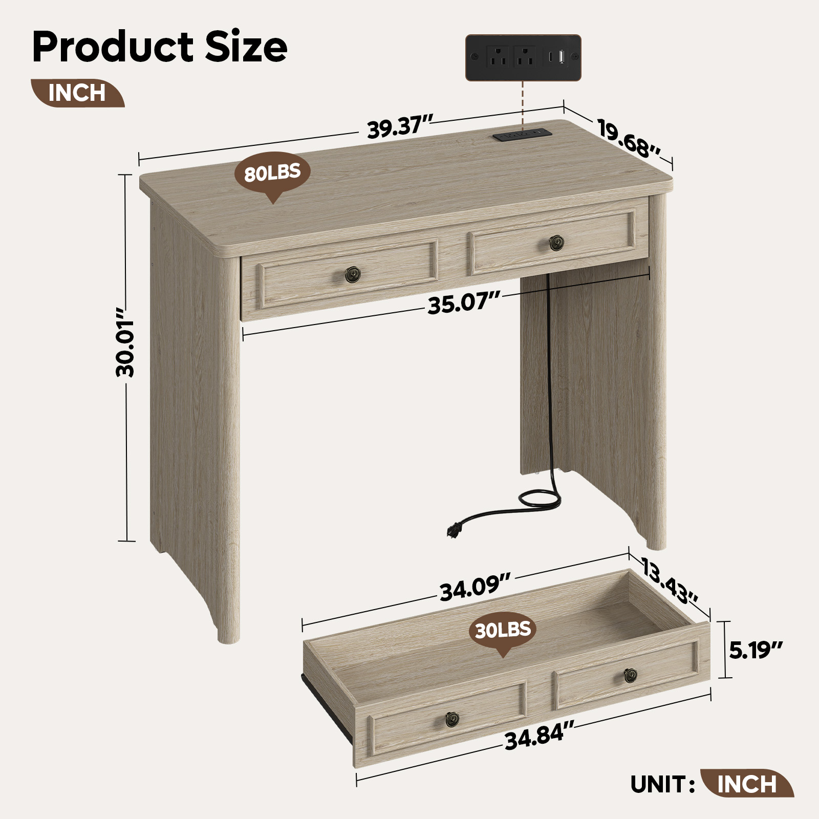 Bestier 39" Computer Desk with Power Outlets and Drawer, Light Oak photo 6