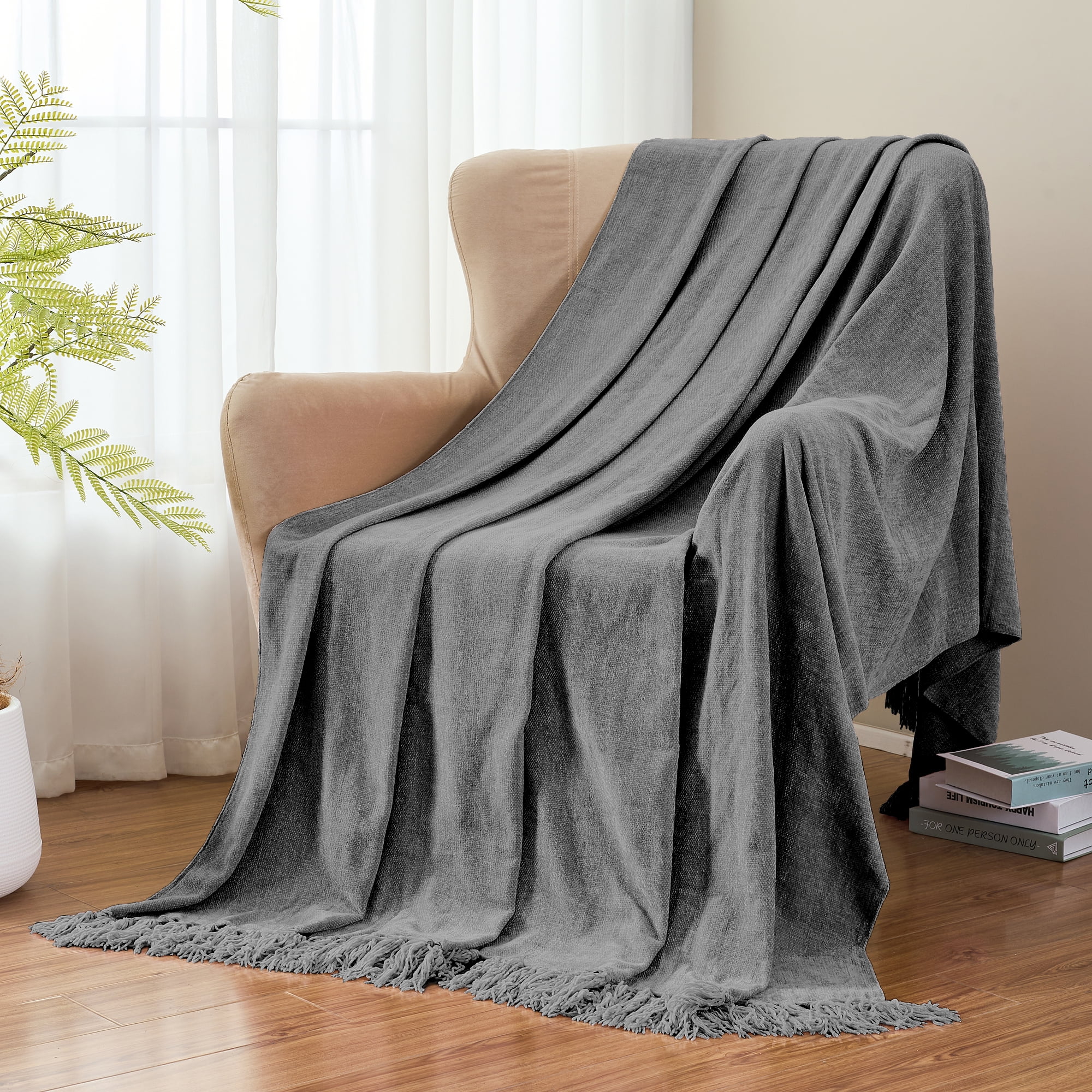 LONG CREATE Chenille Throw Blanket with Fringe Tassel for Couch Sofa Chair Bed, Dark Grey 50" x 70"