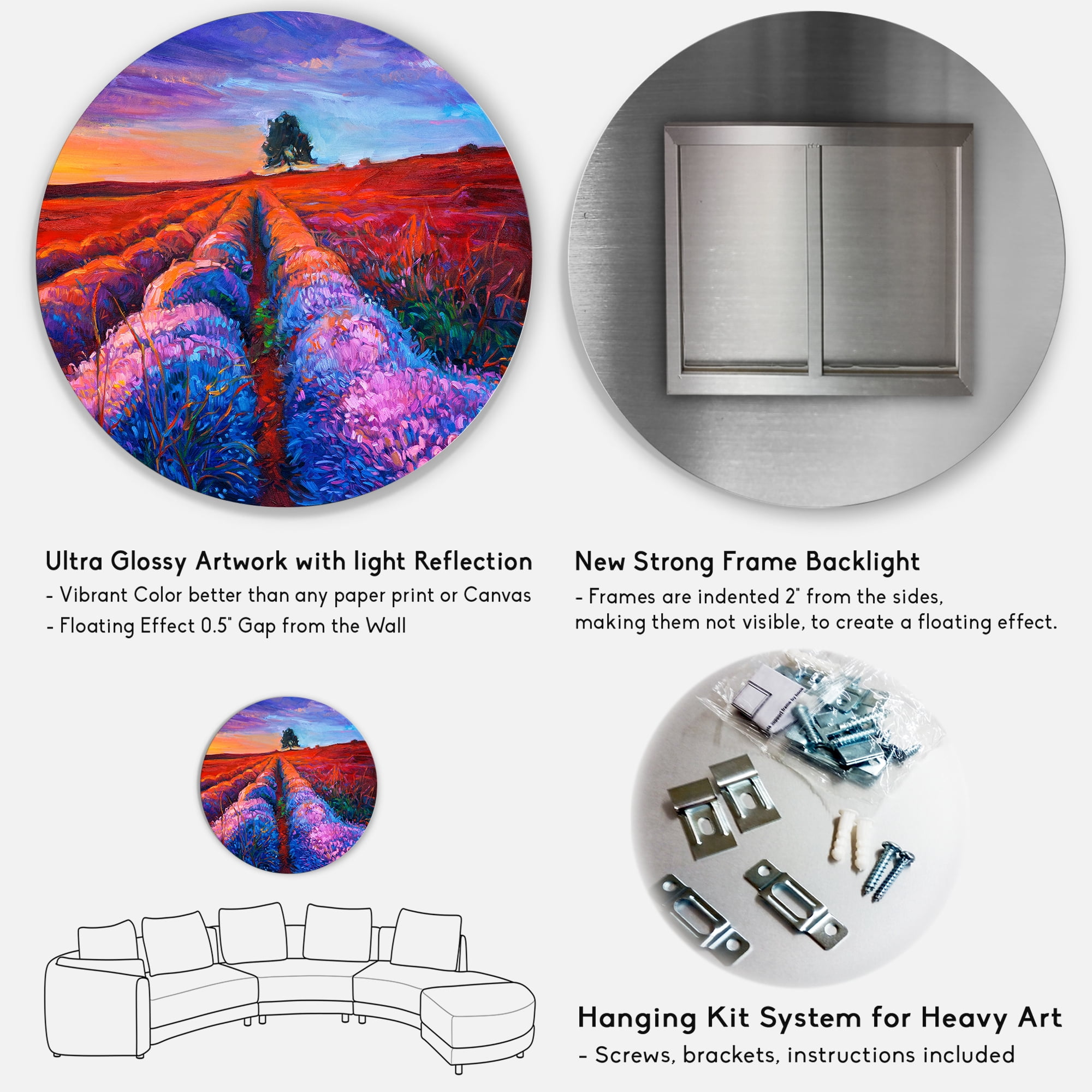 Designart 'Lavender Fields With Distant Tree & Sunset Glow' Farmhouse Circle Metal Wall Art 11x11 - Disc of 11