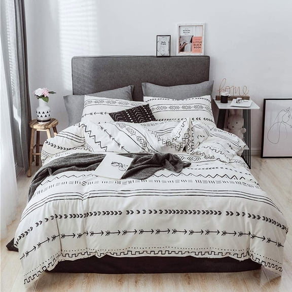 Boho Geometric Comforter Cover Set Full Size Bohemian Aztec Bedding Set Modern Decorative Black White Striped Pattern Arrows Duvet Cover with Zipper Pillowcases Luxury