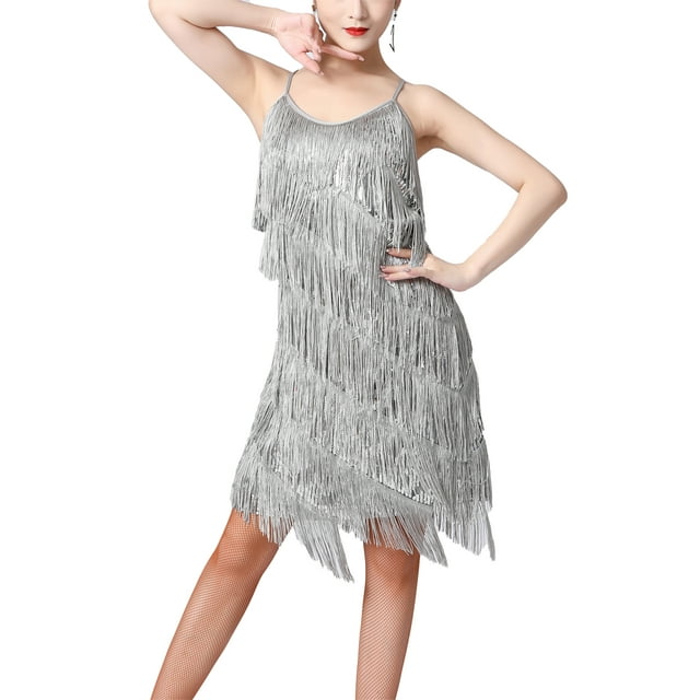 MSemis Robe Courte à Franges et Paillettes pour Femme, Danse Latine de Salon, Costumes de Danse, Style Flapper des Années 1920, Cocktail, Gris, P