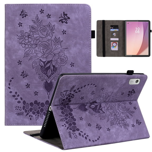 Decase Compatible with Lenovo Tab M9 Cover 9.0 inch (TB-310FU,2023 Released) with Pencil Holder,Tri-Fold Stand Embossed Rose Pattern Slim Fit Protective Cover for Lenovo Tab M9 Tablet,Purple