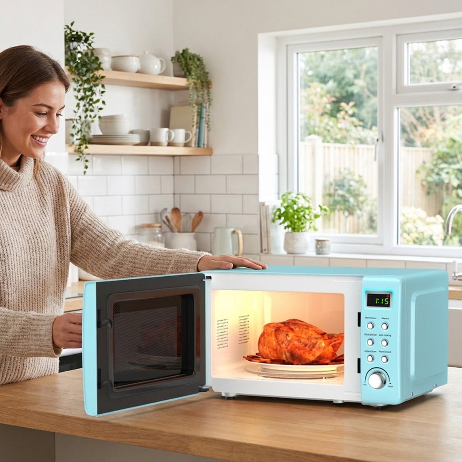 RUIE Retro Microwave Oven,700W 0.7 Cu.ft Countertop Microwave with 5 Power Levels and 8 Auto Cook Menus,LED Display,Child Lock,Compact Microwave for Apartment Dorm Office