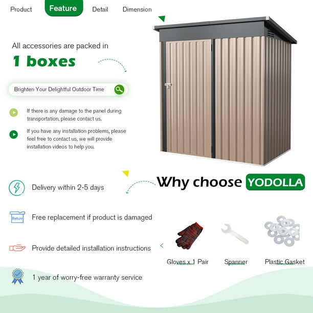 YODOLLA 5 x 3 ft. Outdoor Metal Steel Storage Shed with Sliding