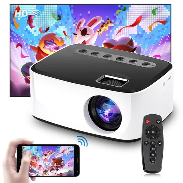 Proyector HD 1080P Mini WiFi Inteligente Portátil con Control Remoto y Soporte para Teléfono y Compu