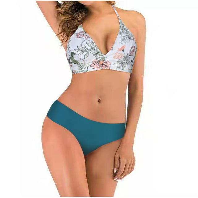 WREESH Women With Chest Pad Without Underwire Floral Printed Double Shoulder Bikini Split Swimsuit