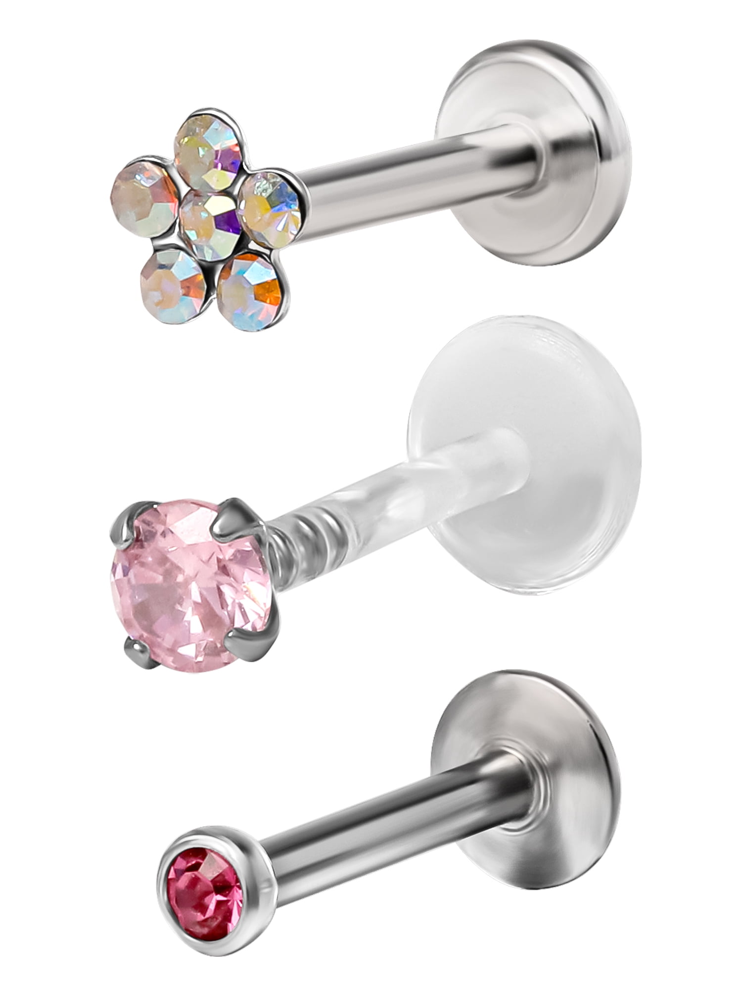 Women's 16-Gauge Pink Crystal Labret & Monroe Body Jewelry Set