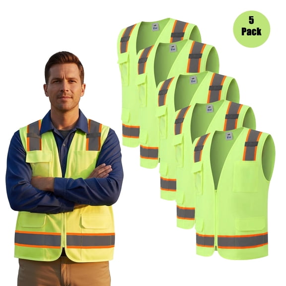 Zfeel Men Hi-Vis Reflective Safety Pocket Vest, Comfortable Safety Neon Yellow Bulk Vest, 5-Pack, S