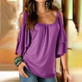 thumbnail image 3 of Bigersell Women's Tunic Tops for Leggings Women's Summer Printed Short Sleeve Strappy Cold Shoulder T-Shirt Tops Blouses Big & Tall Button-Down Round Neck Short Sleeve Work Tops Style B43117, Purple M, 3 of 5