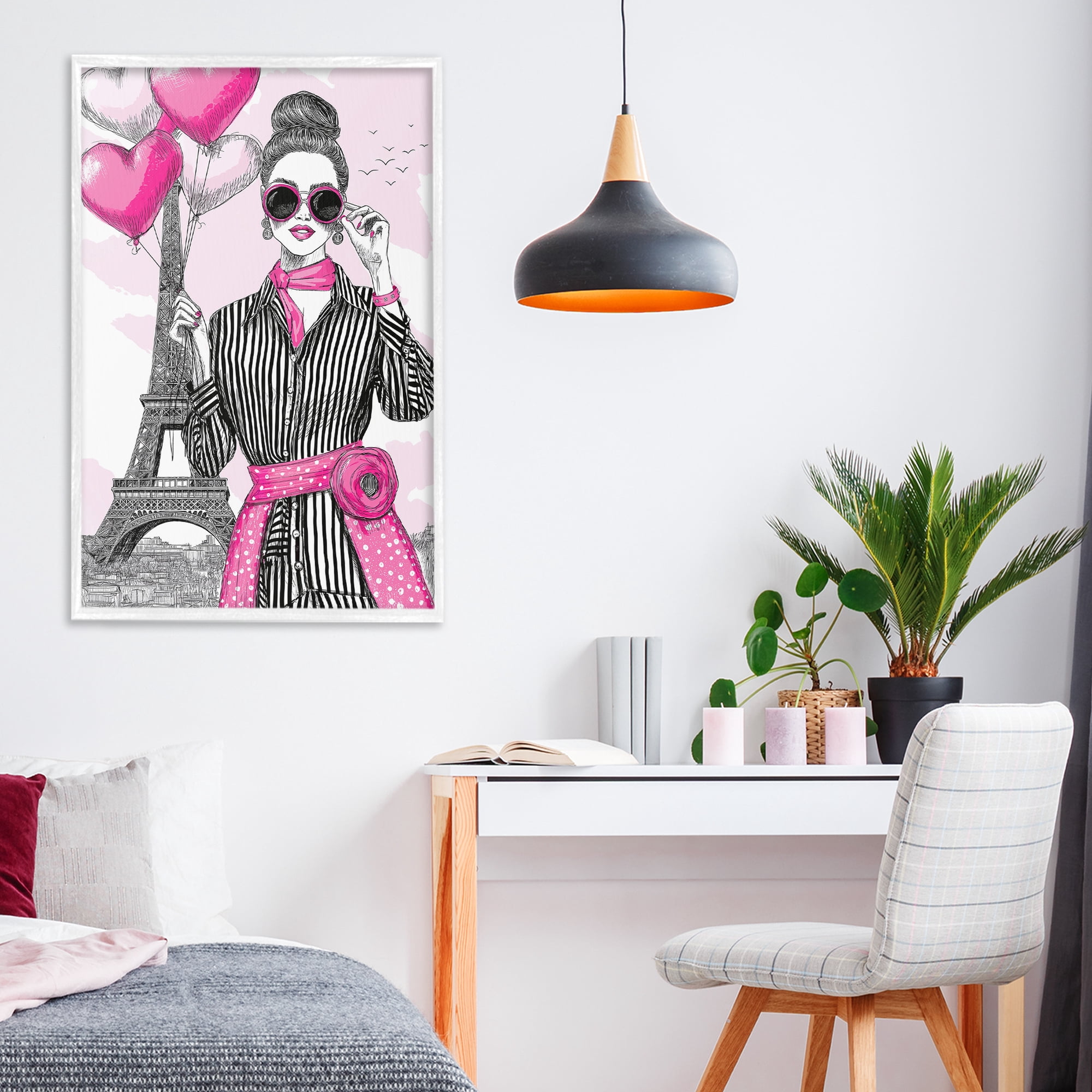 Stupell Industries Parisian Chic Woman with Balloons White Framed Giclee Art, design by Jess Stempel