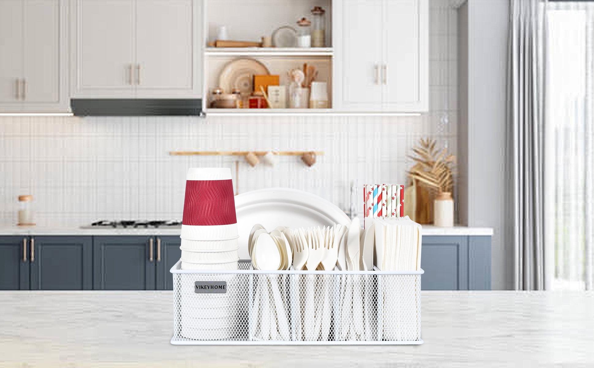 Paper Plate Organizer for Countertop, Metal Silverware Caddy with 6 Compartments for Plate, Cup, Napkin, Paper Plate and Utensil Holder Caddy for Party, Camping, Picnic