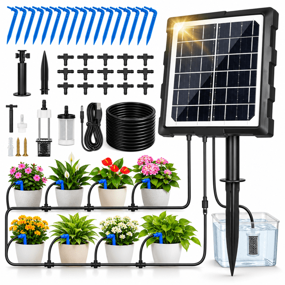 INSMART Solar Drip Irrigation Kit, 20 Pots, 66FT Automatic Plant Watering System, 6 Timer Modes