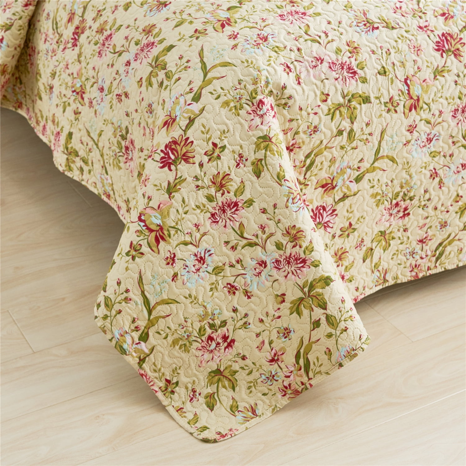 JML Quilt Set 3-Piece Queen Size, Soft Reversible 1 Quilt & 2 Shams Bedspread Coverlet Set,Beige Floral